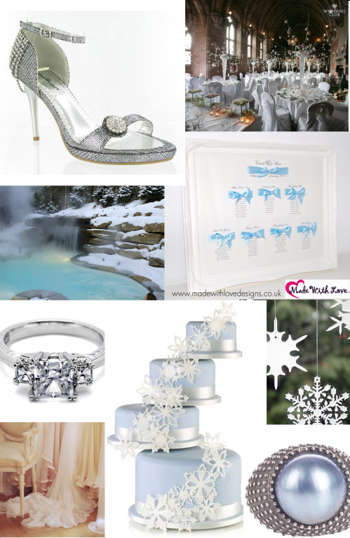 Snow flake wedding cake snow blue table plan silver wedding shoes 